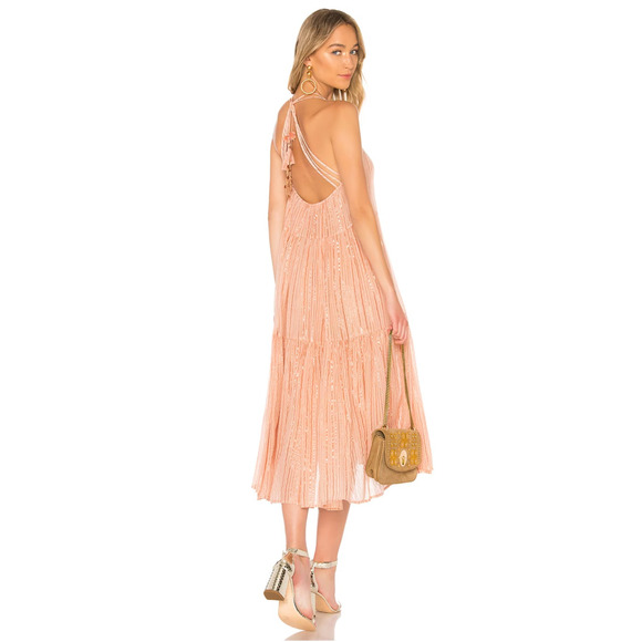Ulla Johnson S Samara Cotton Low Back Tent Midi Dress Metallic Stripe Peach Pink - Picture 2 of 10